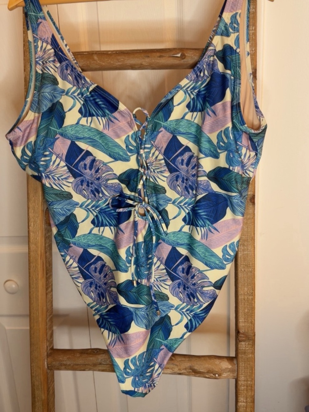 Tropical Leaf Lace-Up One-Piece Swimsuit in Blue & Cream size 16